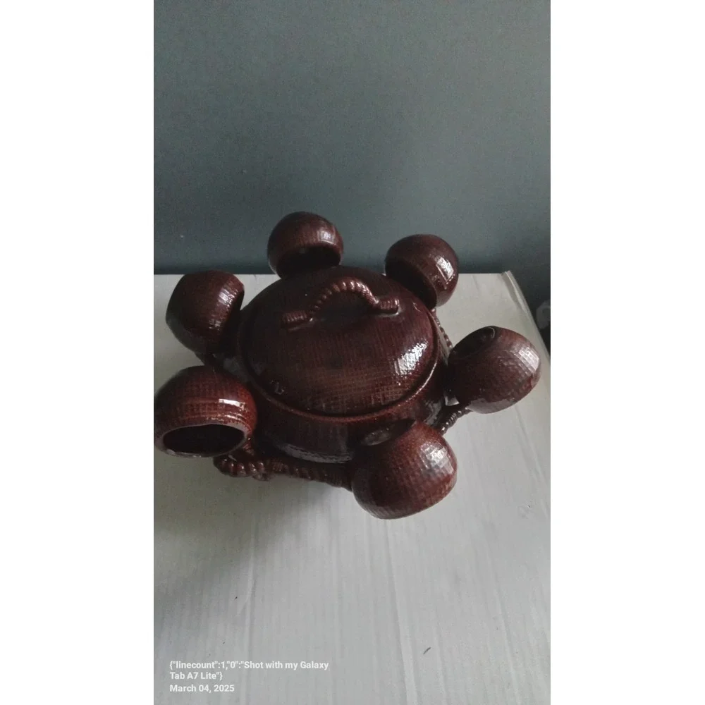 Vintage Ceramic Punch‎ Bowl Set with Ladle Cups Brown Woven Design